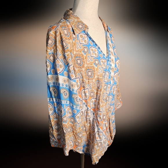 Cato Blue Cream and Tan Paisley Rayon Patterned Women's Blouse Top Size 14 16 - Picture 2 of 10